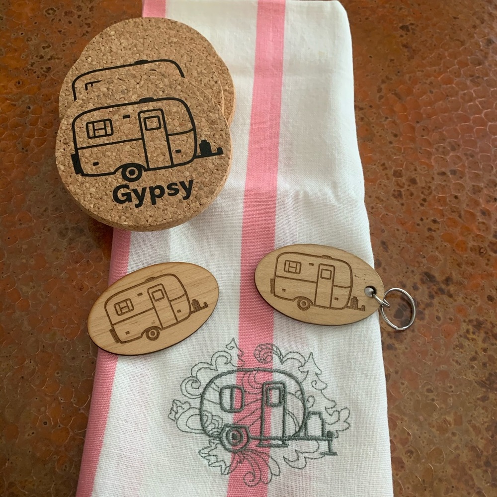 HAPPY CAMPER Lot: dish towels, coasters, keychn,etc